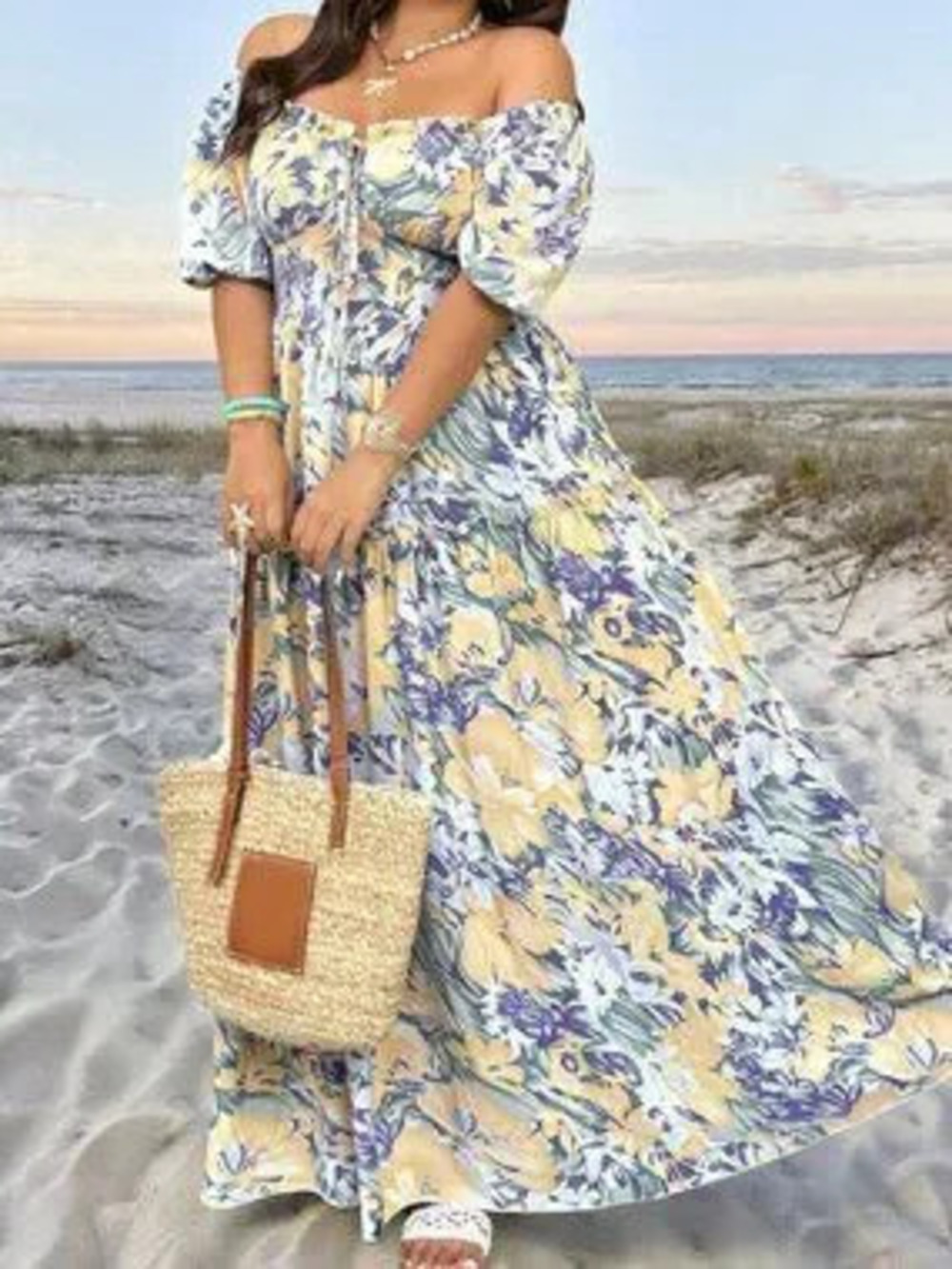 Multicolor Boho Women's Plus Size floral Print Puff Sleeve Off The Shoulder Maxi